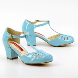 Brand new BAIT 40s inspired T-strap heels baby blue patent vintage low heels
